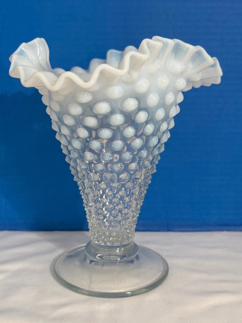 Vintage Fenton French White Hobnail Opalescent Vase Ruffled Crimped 7.5" #4058